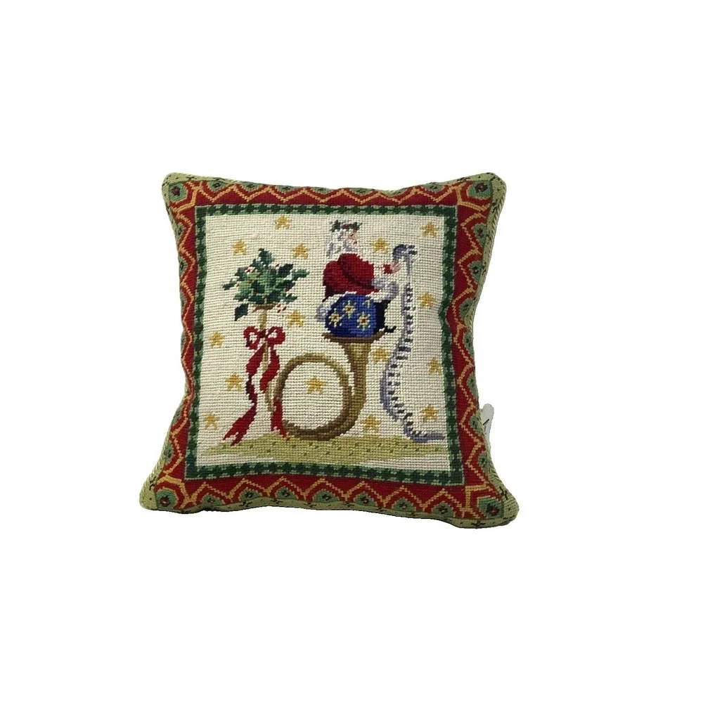 Wool Needlepoint Santa Pillow Velvet Back Square With Border 13.5